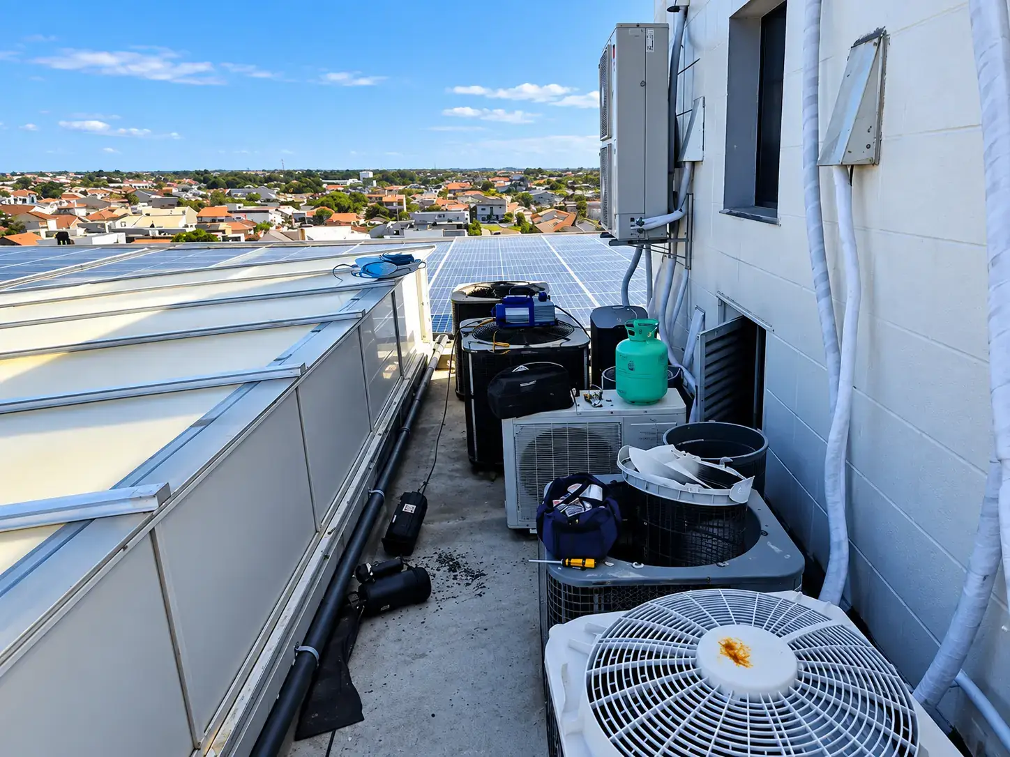 Equipe Milclima em manutenção de climatização em cobertura